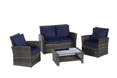 4 Pieces Outdoor Patio Furniture Set with Rattan Chairs and Tempered Glass Table