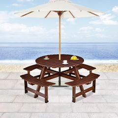 Outdoor 8 Person Round Picnic Table with Built-In Benches