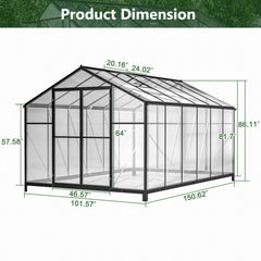 [08X12FT] Large Outdoor Heavy-Duty Polycarbonate Walk-In Greenhouse With Double Swing Doors And Two Ventilation Windows (SAK73651)