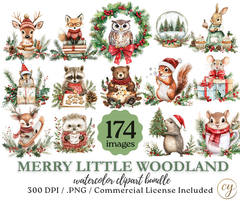 Merry Little Woodland – 174 Watercolor Christmas Clipart Bundle | PNGs, 300 DPI, Commercial License Included