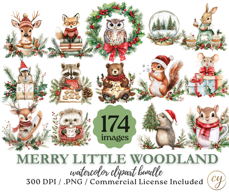 Merry Little Woodland – 174 Watercolor Christmas Clipart Bundle | PNGs, 300 DPI, Commercial License Included
