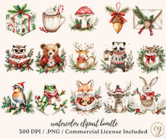 Merry Little Woodland – 174 Watercolor Christmas Clipart Bundle | PNGs, 300 DPI, Commercial License Included
