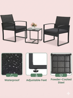 3-Piece Outdoor Patio Furniture Set – Wicker Chairs + Bar Table with Cushions
