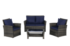 4 Pieces Outdoor Patio Furniture Set with Rattan Chairs and Tempered Glass Table