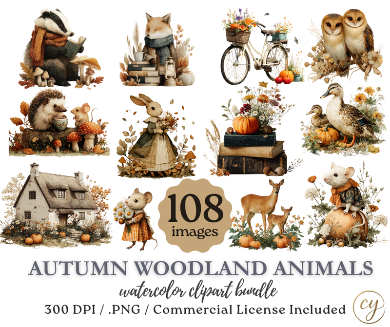 Autumn Woodland Animals Watercolor Clipart Bundle | 108 Cute Fall Critters & Cottagecore Scenes