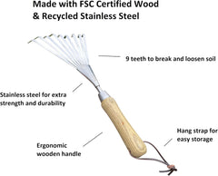 Stainless Steel Garden Hand Rake (classic wood handle)