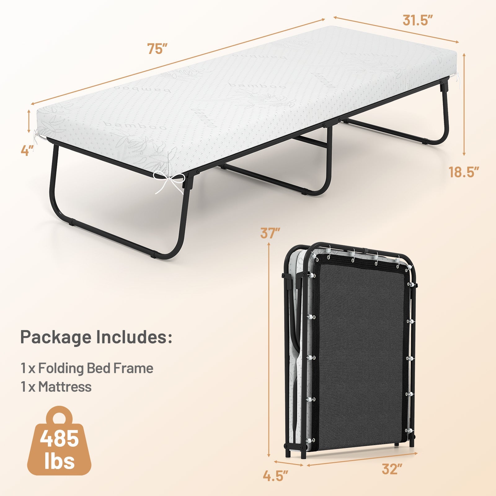 75 x 31 Inch Folding Bed with Mattress Cot Size with Memory Foam