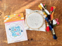 "Flower Power" Gift Box w. Dwarf Sunflower, Embroidery Kit, Meditation Cards, Soy Candle, & Journal (Grow & Bloom)