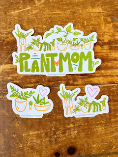 "Plant Mom" Sticker Pouch with Two Whimsical Houseplant Stickers + "Plant Mom" Hand-Lettered Decal Large Sticker
