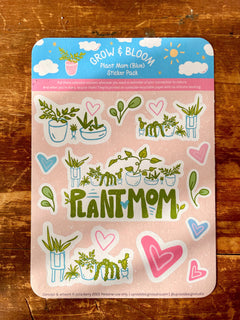 Adorable "Plant Mom" Sticker Sheet of Eco Stickers w. Hand-Lettering, Hearts & Houseplants in Pots (Grow & Bloom / Plant Parenthood)