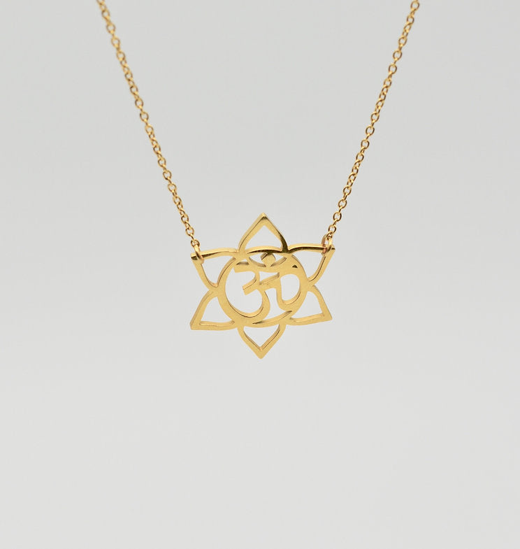 Gold Lotus Om Necklace – 14k Gold Filled, Dainty Yoga Jewelry, 17