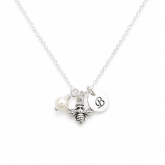 Bee Charm Necklace with Initial and Pearl or Birthstone – Sterling Silver