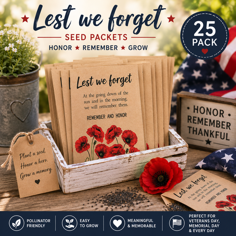 25 Memorial Seed Packets | Lest We Forget Favors | Veterans Day Gifts