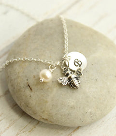 Bee Charm Necklace with Initial and Pearl or Birthstone – Sterling Silver