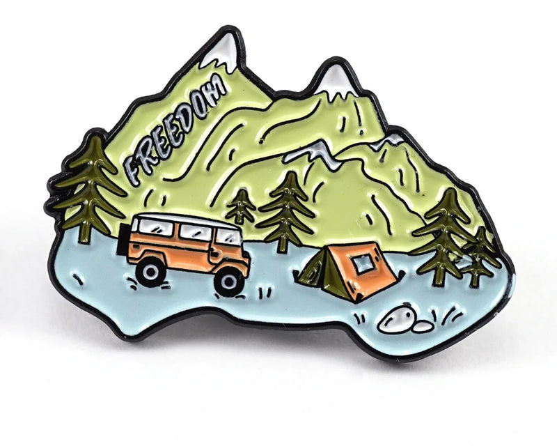 Australia Camping Enamel Pin – Freedom Road Trip & Mountain Adventure Design