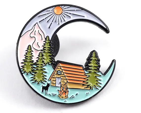 Crescent Moon Cabin Enamel Pin – Mountain Camping Adventure Pin