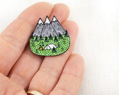 Mountain Camping Enamel Pin – Tent, Campfire & Forest Lapel Pin