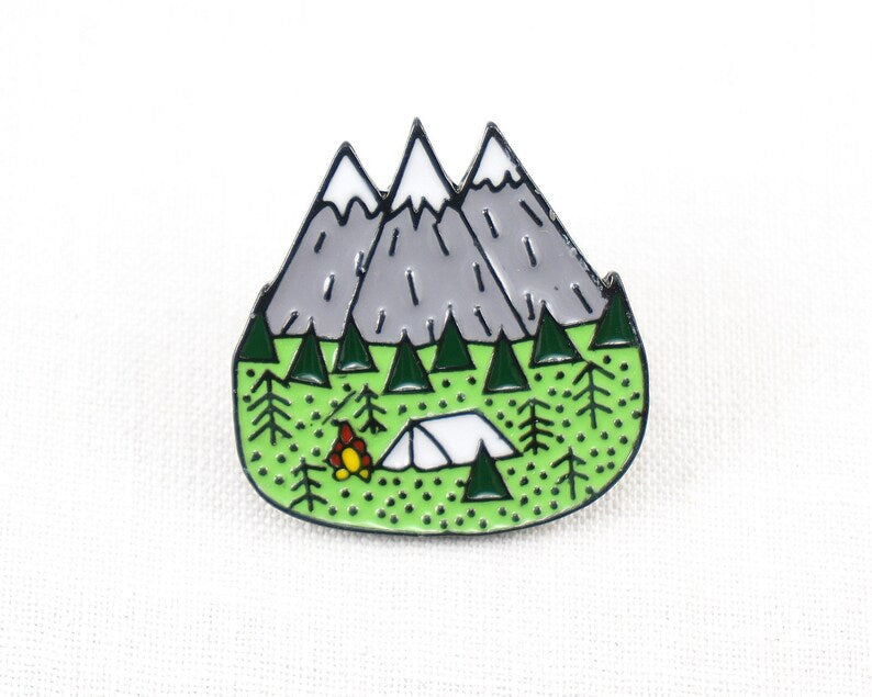 Mountain Camping Enamel Pin – Tent, Campfire & Forest Lapel Pin