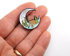 Crescent Moon Cabin Enamel Pin – Mountain Camping Adventure Pin