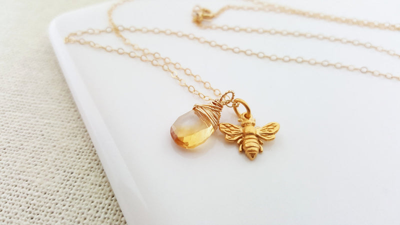 Bee and Citrine Necklace – Dainty 14k Gold Filled November Birthstone Jewelry