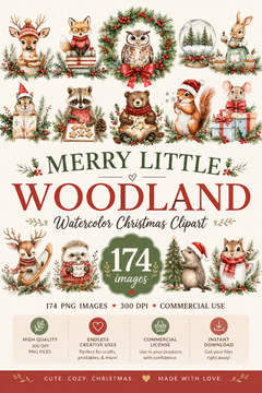 Merry Little Woodland – 174 Watercolor Christmas Clipart Bundle | PNGs, 300 DPI, Commercial License Included